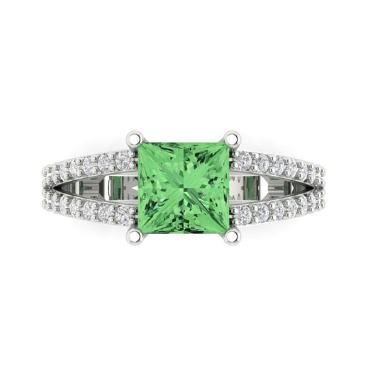 2.48 cttw Zirconia Simulated Green Diamond Solitaire with Zirconia Simulated Diamond Accents Engagement Ring - Solid White Gold (VVS1, Princess Cut,7.0mm)