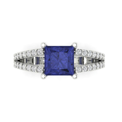 2.48 cttw Simulated Tanzanite Solitaire with Zirconia Simulated Diamond Accents Engagement Ring - Solid Gold (Princess Cut,7.0mm)