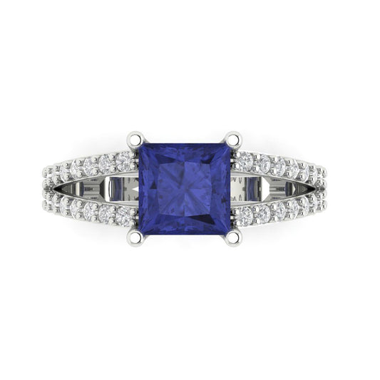 2.48 cttw Simulated Tanzanite Solitaire with Zirconia Simulated Diamond Accents Engagement Ring - Solid White Gold (VVS1, Princess Cut,7.0mm)