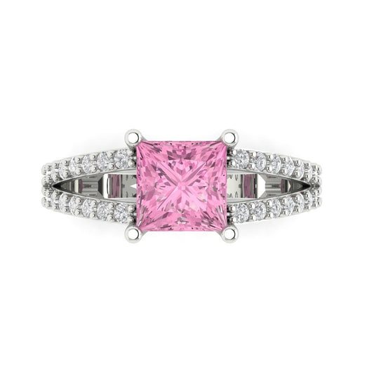 2.48 cttw Zirconia Simulated Pink Diamond Solitaire with Zirconia Simulated Diamond Accents Engagement Ring - Solid White Gold (VVS1, Princess Cut,7.0mm)