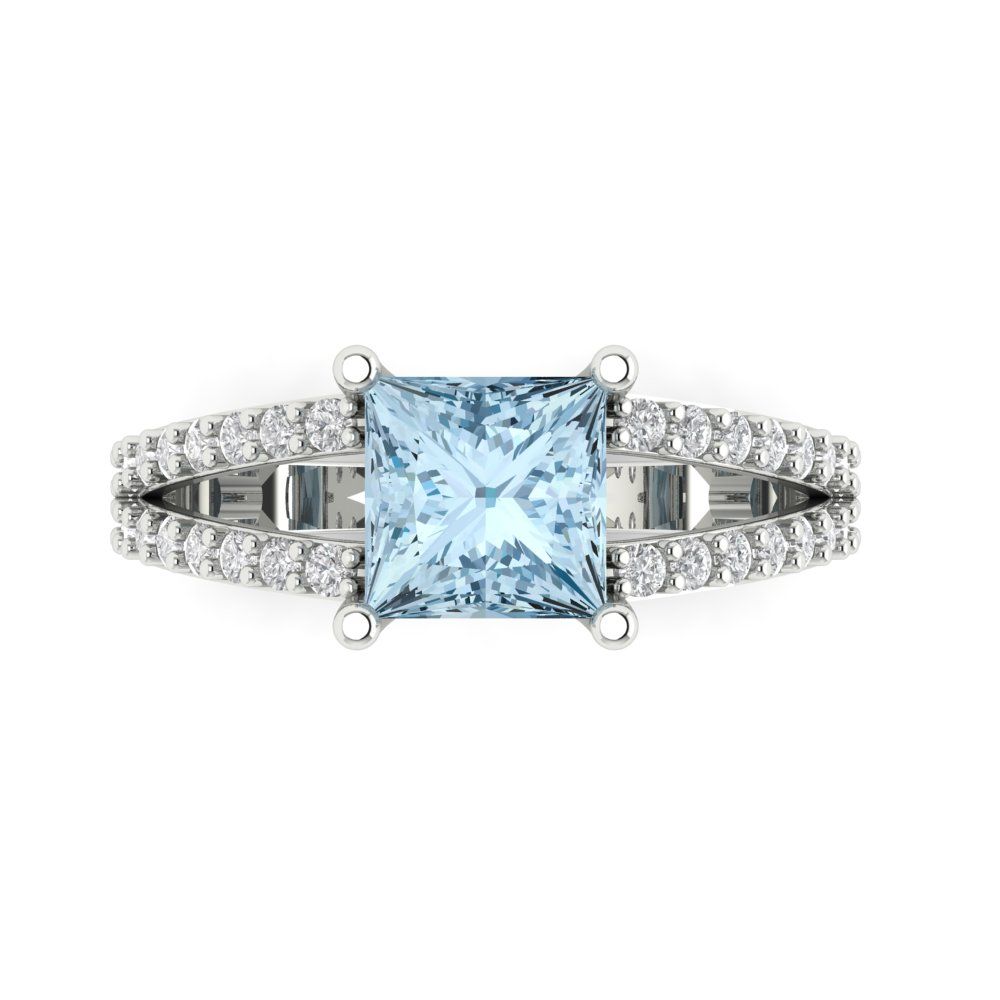 2.48 cttw Natural Sky Blue Topaz Solitaire with Zirconia Simulated Diamond Accents Engagement Ring - Solid Gold (Princess Cut,7.0mm)