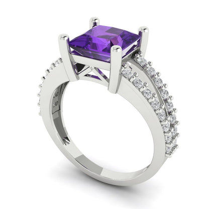 2.48 cttw Natural Amethyst Solitaire with Zirconia Simulated Diamond Accents Engagement Ring - Solid Gold (Princess Cut,7.0mm)