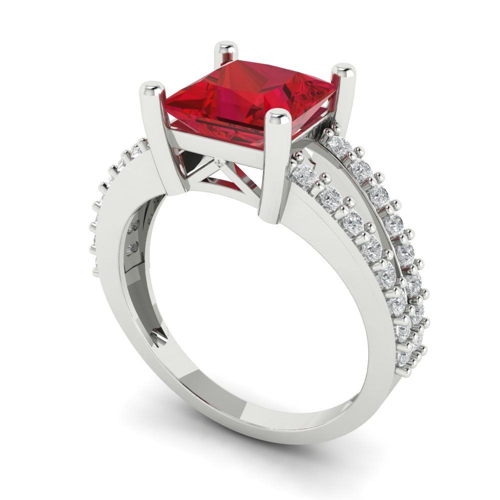 2.48 cttw Simulated Ruby Solitaire with Zirconia Simulated Diamond Accents Engagement Ring - Solid Gold (Princess Cut,7.0mm)