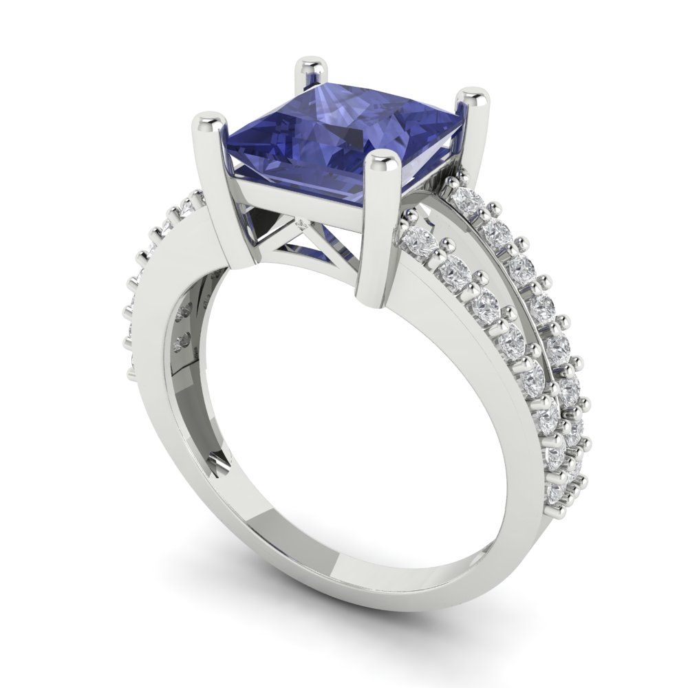 2.48 cttw Simulated Tanzanite Solitaire with Zirconia Simulated Diamond Accents Engagement Ring - Solid Gold (Princess Cut,7.0mm)