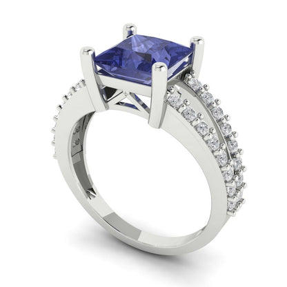 2.48 cttw Simulated Tanzanite Solitaire with Zirconia Simulated Diamond Accents Engagement Ring - Solid Gold (Princess Cut,7.0mm)