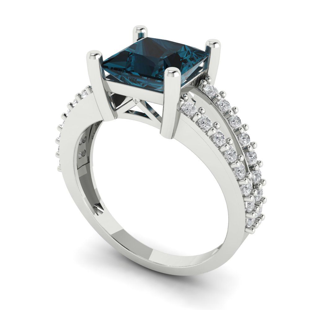2.48 cttw Natural London Blue Topaz Solitaire with Zirconia Simulated Diamond Accents Engagement Ring - Solid Gold (Princess Cut,7.0mm)