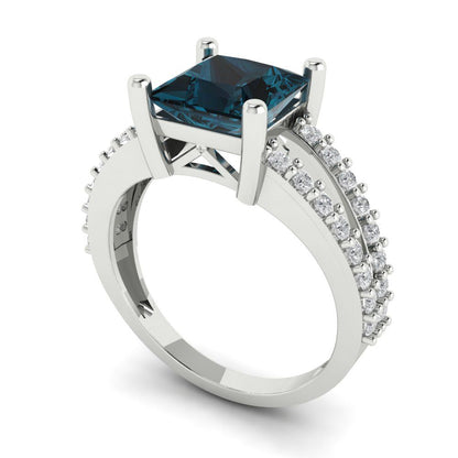2.48 cttw Natural London Blue Topaz Solitaire with Zirconia Simulated Diamond Accents Engagement Ring - Solid Gold (Princess Cut,7.0mm)