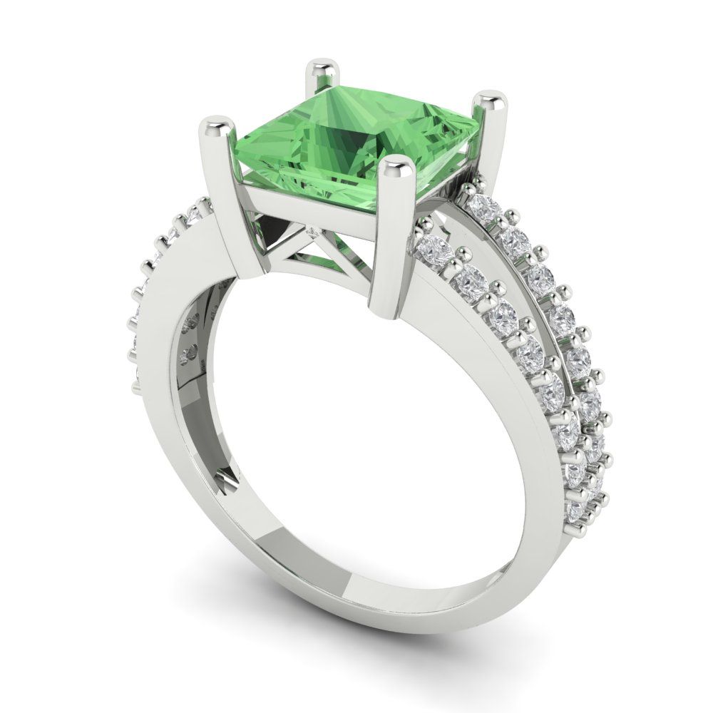 2.48 cttw Zirconia Simulated Green Diamond Solitaire with Zirconia Simulated Diamond Accents Engagement Ring - Solid Gold (VVS1, Princess Cut,7.0mm)