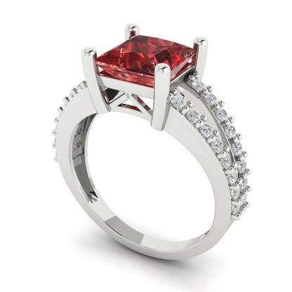 2.48 cttw Natural Garnet Solitaire with Zirconia Simulated Diamond Accents Engagement Ring - Solid Gold (Princess Cut,7.0mm)