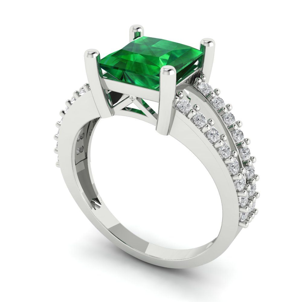 2.48 cttw Simulated Emerald Solitaire with Zirconia Simulated Diamond Accents Engagement Ring - Solid Gold (Princess Cut,7.0mm)