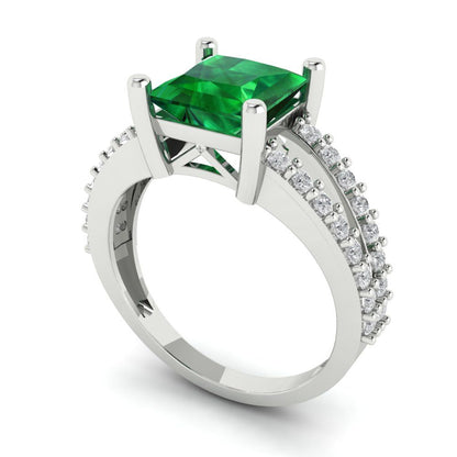 2.48 cttw Simulated Emerald Solitaire with Zirconia Simulated Diamond Accents Engagement Ring - Solid Gold (Princess Cut,7.0mm)