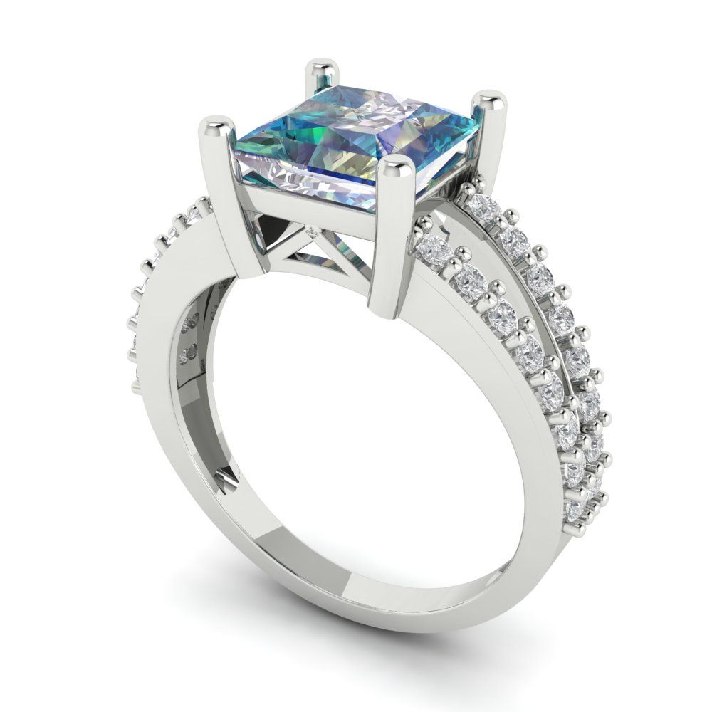 2.48 cttw Blue Moissanite Solitaire with Zirconia Simulated Diamond Accents Engagement Ring - Solid Gold (Princess Cut,7.0mm)