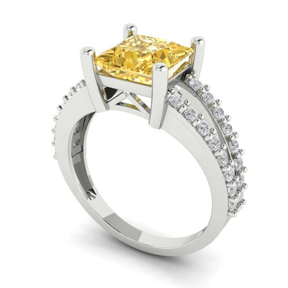 2.48 cttw Zirconia Simulated Yellow Diamond Solitaire with Zirconia Simulated Diamond Accents Engagement Ring - Solid Gold (VVS1, Princess Cut,7.0mm)