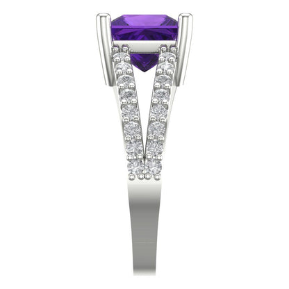 2.48 cttw Natural Amethyst Solitaire with Zirconia Simulated Diamond Accents Engagement Ring - Solid Gold (Princess Cut,7.0mm)