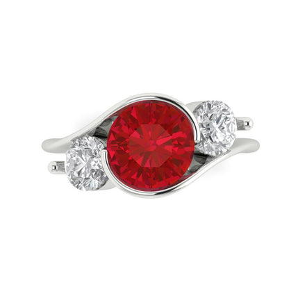 3.5 cttw Simulated Ruby Three-Stone Engagement Ring - Solid White Gold (VVS1, Round Cut,8.0mm)