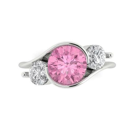 3.5 cttw Zirconia Simulated Pink Diamond Three-Stone Engagement Ring - Solid White Gold (VVS1, Round Cut,8.0mm)