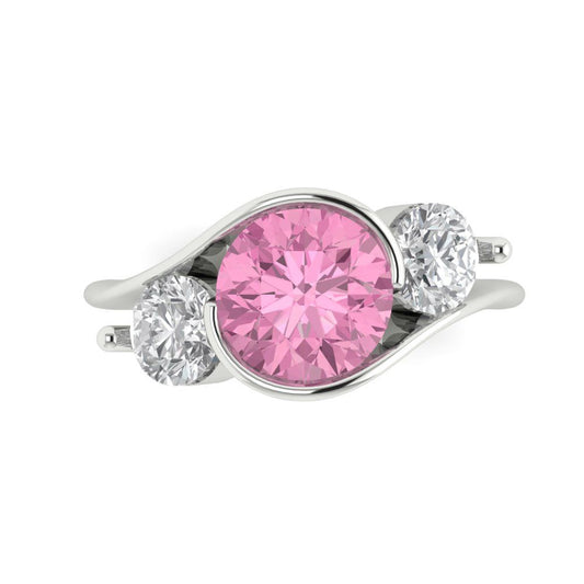 3.5 cttw Zirconia Simulated Pink Diamond Three-Stone Engagement Ring - Solid White Gold (VVS1, Round Cut,8.0mm)