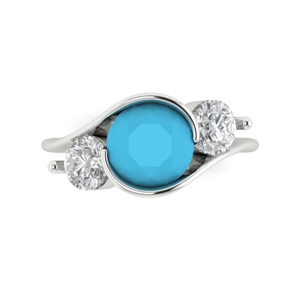 3.5 cttw Simulated Turquoise Three-Stone Engagement Ring - Solid White Gold (VVS1, Round Cut,8.0mm)