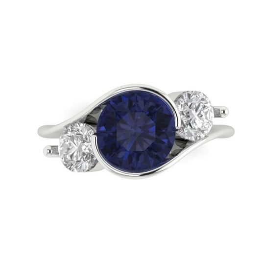 3.5 cttw Simulated Blue Sapphire Three-Stone Engagement Ring - Solid White Gold (VVS1, Round Cut,8.0mm)
