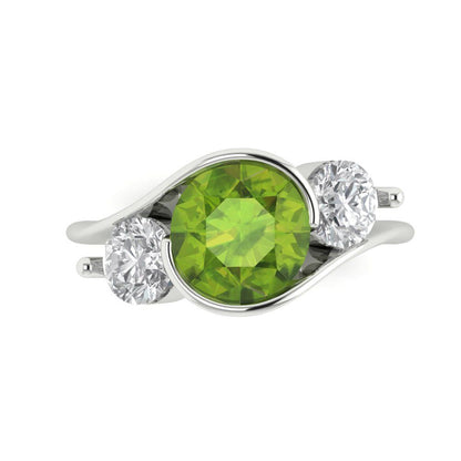 3.5 cttw Natural Peridot Three-Stone Engagement Ring - Solid White Gold (VVS1, Round Cut,8.0mm)