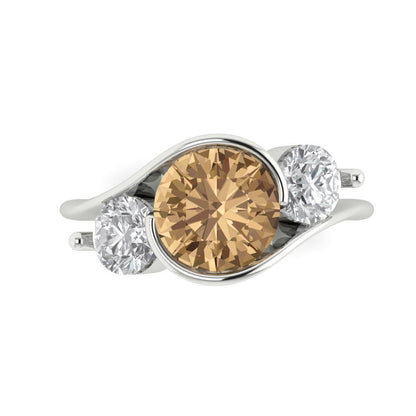 3.5 cttw Zirconia Simulated Champagne Diamond Three-Stone Engagement Ring - Solid White Gold (VVS1, Round Cut,8.0mm)
