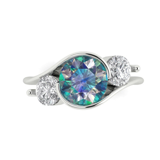 3.5 cttw Blue Moissanite Three-Stone Engagement Ring - Solid White Gold (VVS1, Round Cut,8.0mm)