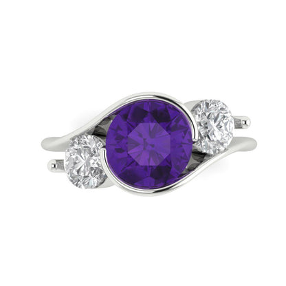 3.5 cttw Natural Amethyst Three-Stone Engagement Ring - Solid Gold (Round Cut,8.0mm)