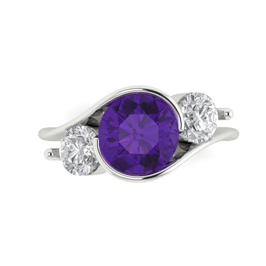 3.5 cttw Natural Amethyst Three-Stone Engagement Ring - Solid White Gold (VVS1, Round Cut,8.0mm)