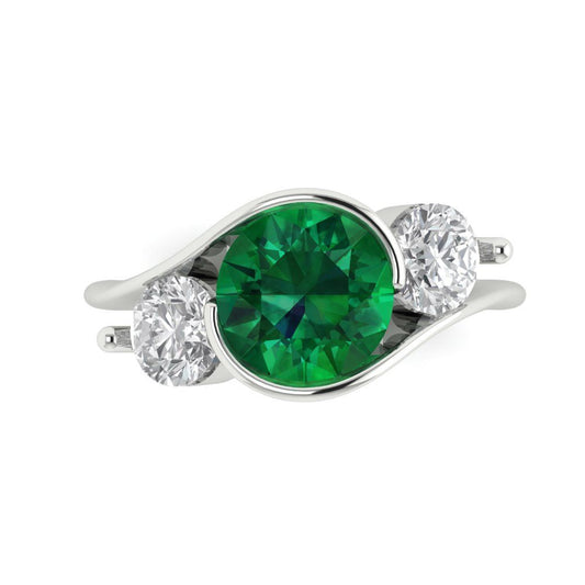 3.5 cttw Simulated Emerald Three-Stone Engagement Ring - Solid White Gold (VVS1, Round Cut,8.0mm)