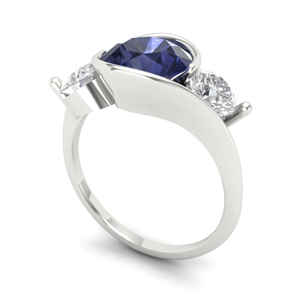 3.5 cttw Simulated Blue Sapphire Three-Stone Engagement Ring - Solid White Gold (VVS1, Round Cut,8.0mm)