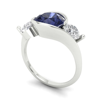 3.5 cttw Simulated Blue Sapphire Three-Stone Engagement Ring - Solid White Gold (VVS1, Round Cut,8.0mm)