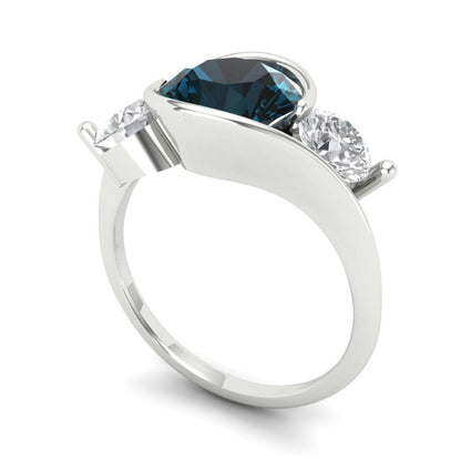 3.5 cttw Natural London Blue Topaz Three-Stone Engagement Ring - Solid White Gold (VVS1, Round Cut,8.0mm)