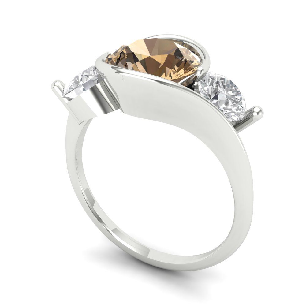 3.5 cttw Zirconia Simulated Champagne Diamond Three-Stone Engagement Ring - Solid White Gold (VVS1, Round Cut,8.0mm)