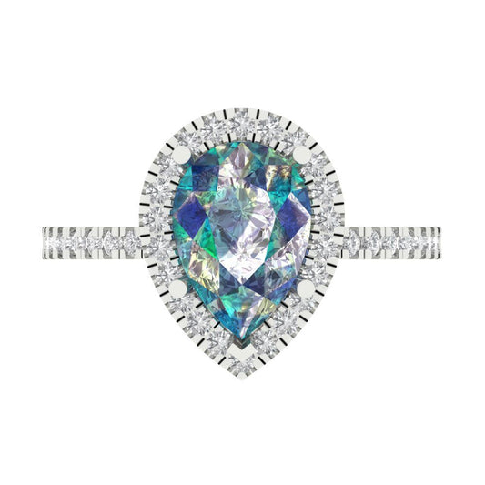 2.38 cttw Blue Moissanite Hidden Halo Engagement Ring - Solid White Gold (VVS1, Pear Cut,10x7mm )