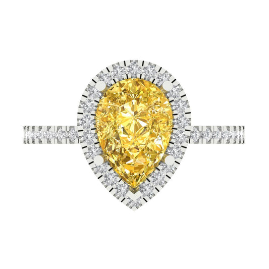 2.38 cttw Zirconia Simulated Yellow Diamond Hidden Halo Engagement Ring - Solid White Gold (VVS1, Pear Cut,10x7mm )