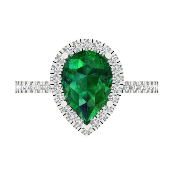 2.38 ct Brilliant Pear Cut Simulated Emerald Stone White Gold Halo Solitaire with Accents Ring