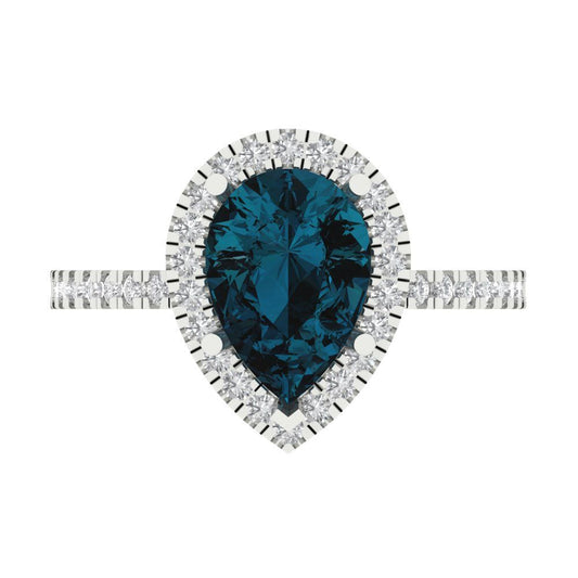 2.38 cttw Natural London Blue Topaz Hidden Halo Engagement Ring - Solid White Gold (VVS1, Pear Cut,10x7mm )