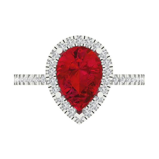 2.38 cttw Simulated Ruby Hidden Halo Engagement Ring - Solid White Gold (VVS1, Pear Cut,10x7mm )