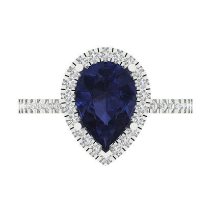 2.38 cttw Simulated Blue Sapphire Hidden Halo Engagement Ring - Solid Gold (Pear Cut,10x7mm )