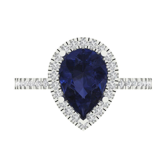 2.38 cttw Simulated Blue Sapphire Hidden Halo Engagement Ring - Solid White Gold (VVS1, Pear Cut,10x7mm )