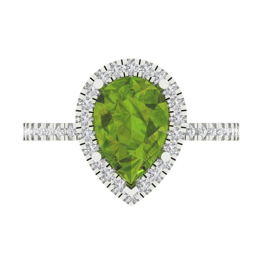 2.38 cttw Natural Peridot Hidden Halo Engagement Ring - Solid White Gold (VVS1, Pear Cut,10x7mm )