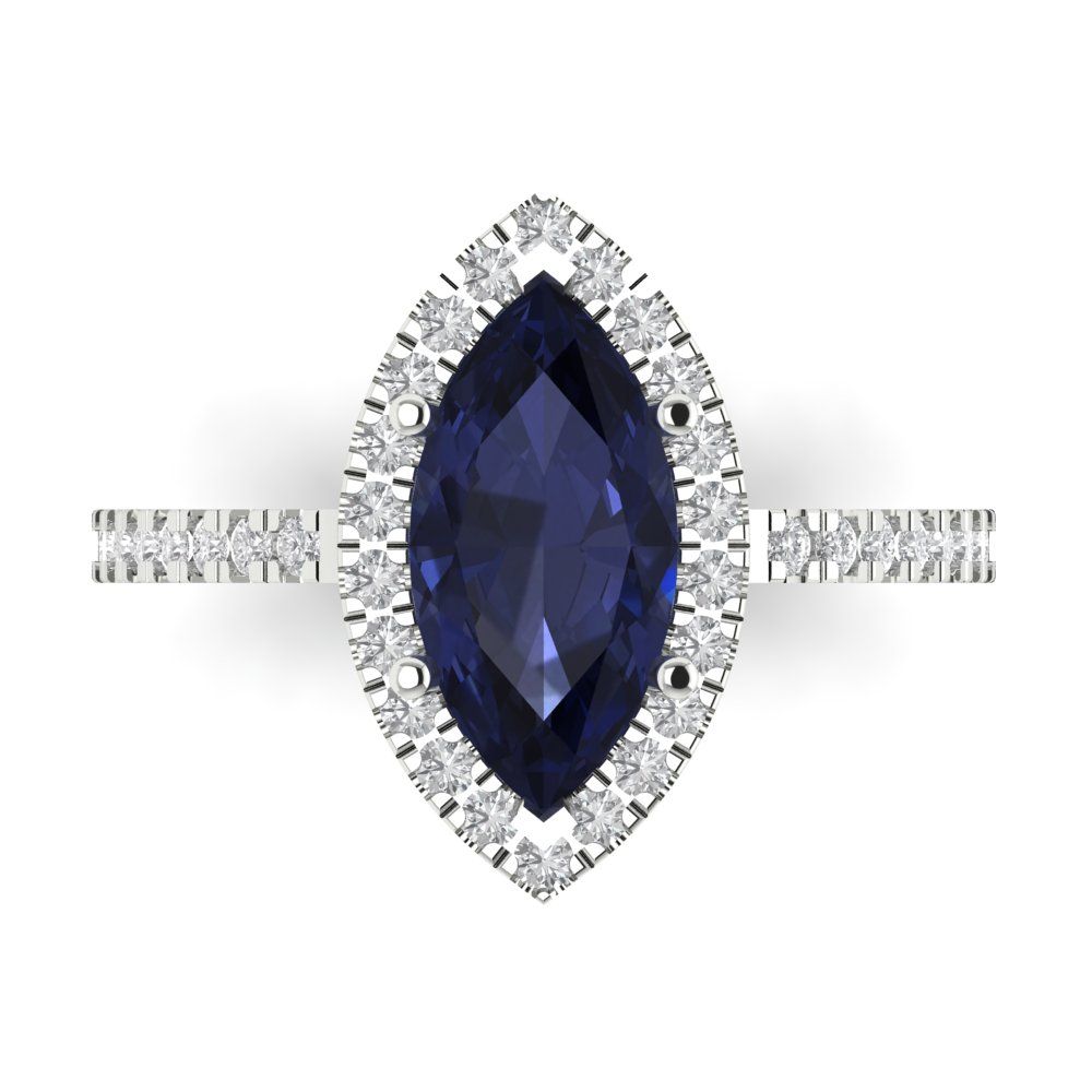2.38 cttw Simulated Blue Sapphire Hidden Halo Engagement Ring - Solid White Gold  (VVS1, Marquise Cut,12x6mm )