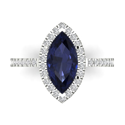2.38 cttw Simulated Blue Sapphire Hidden Halo Engagement Ring - Solid White Gold  (VVS1, Marquise Cut,12x6mm )