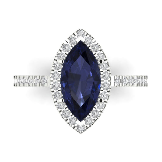 2.38 cttw Simulated Blue Sapphire Hidden Halo Engagement Ring - Solid White Gold  (VVS1, Marquise Cut,12x6mm )
