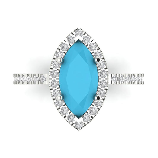 2.38 cttw Simulated Turquoise Hidden Halo Engagement Ring - Solid White Gold  (VVS1, Marquise Cut,12x6mm )