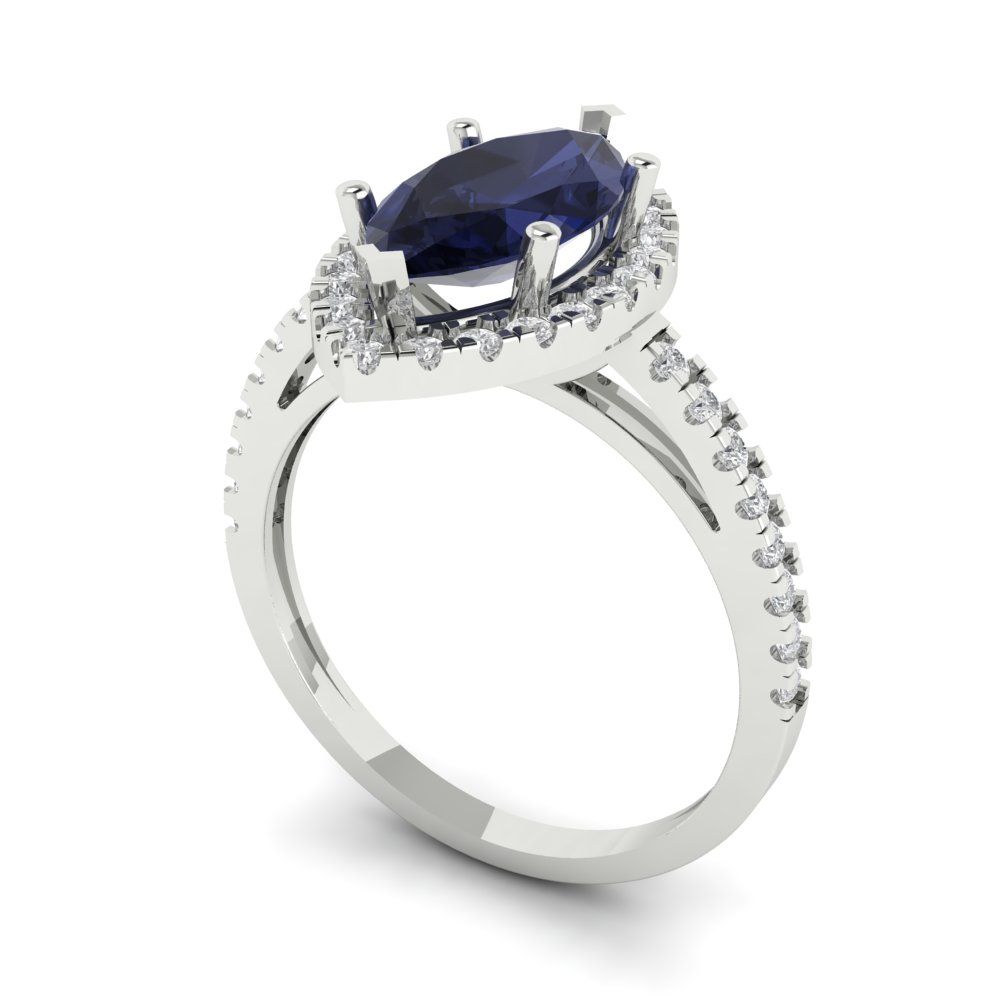 2.38 cttw Simulated Blue Sapphire Hidden Halo Engagement Ring - Solid White Gold  (VVS1, Marquise Cut,12x6mm )