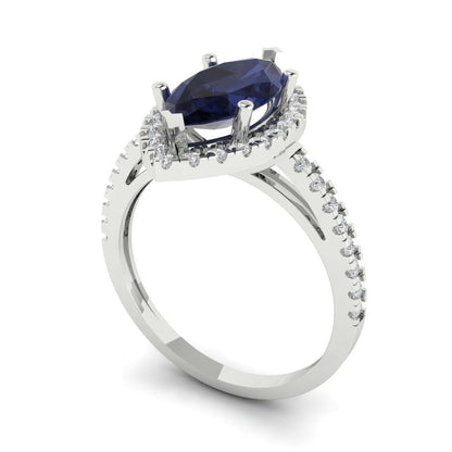 2.38 cttw Simulated Blue Sapphire Hidden Halo Engagement Ring - Solid White Gold  (VVS1, Marquise Cut,12x6mm )