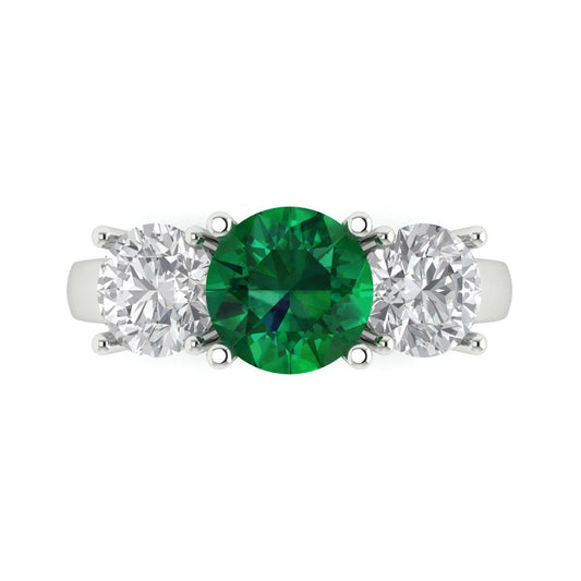 2.5 cttw Simulated Emerald Three-Stone Engagement Ring - Solid White Gold (VVS1, Round Cut,7.5mm)