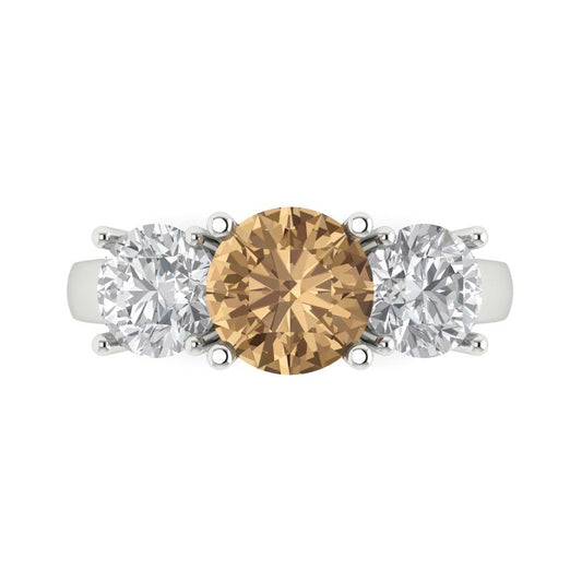 2.5 cttw Zirconia Simulated Champagne Diamond Three-Stone Engagement Ring - Solid White Gold (VVS1, Round Cut,7.5mm)