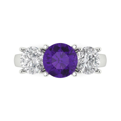 2.5 cttw Natural Amethyst Three-Stone Engagement Ring - Solid Gold (Round Cut,7.5mm)